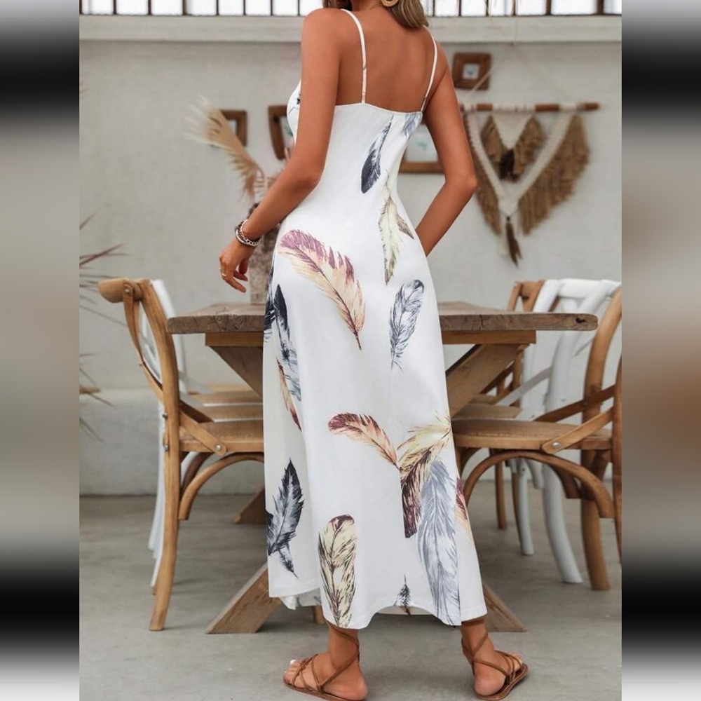 NEW‼️Elegant Feather Print Maxi Summer Dress M - Picture 2 of 10